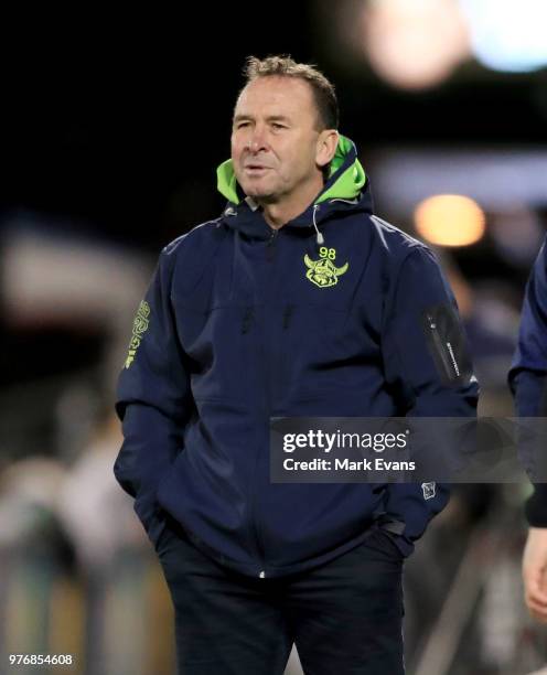 Ricky Stuart, Coach of the Raiders, loopks on during the round 15 NRL match between the Wests Tigers and the Canberra Raiders at Campbelltown Sports...