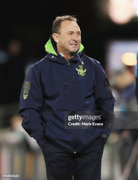 Ricky Stuart, Coach of the Raiders, loopks on during the round 15 NRL match between the Wests Tigers and the Canberra Raiders at Campbelltown Sports...
