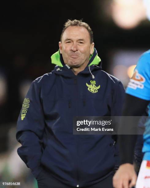 Ricky Stuart, Coach of the Raiders, loopks on during the round 15 NRL match between the Wests Tigers and the Canberra Raiders at Campbelltown Sports...