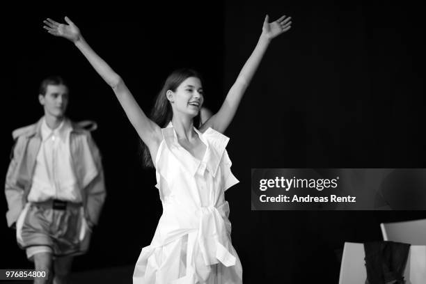 Models are seen backstage ahead of the Besfxxk show during Milan Men's Fashion Week Spring/Summer 2019 on June 17, 2018 in Milan, Italy.