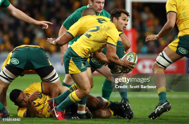 Nick Phipps of the Wallabies runs with the ball during the International test match between the Australian Wallabies and Ireland at AAMI Park on June...