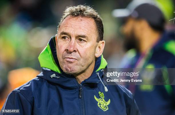 Ricky Stuart, coach of the Raiders, looks on after winning the round 15 NRL match between the Wests Tigers and the Canberra Raiders at Campbelltown...