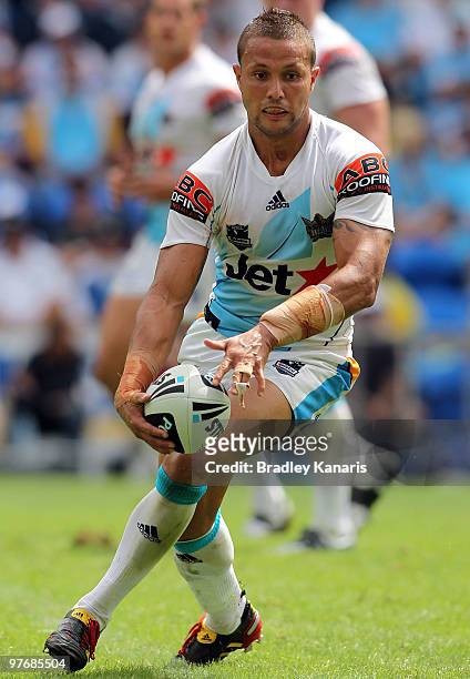 Scott Prince of the Titans looks to pass the ball during the round one NRL match between the Gold Coast Titans and the Warriors at Skilled Park on...