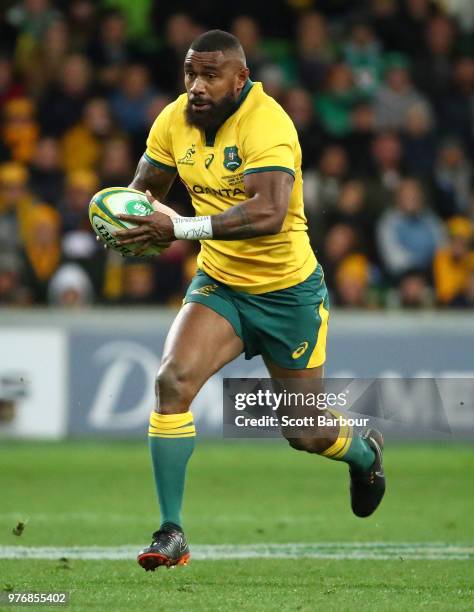 Marika Koroibete of the Wallabies runs with the ball during the International test match between the Australian Wallabies and Ireland at AAMI Park on...