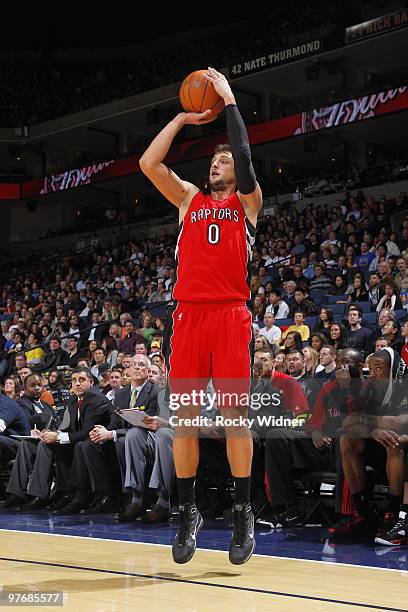 Marco Belinelli of the Toronto Raptors attempts a three pointer against the Golden State Warriors on March 13, 2010 at Oracle Arena in Oakland,...