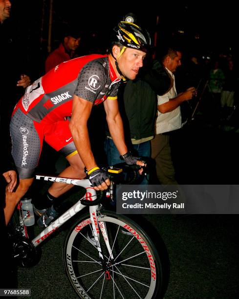 Lance Armstrong prepares to ride the 33rd Argus Pick and Pay Cycle Tour on March 14, 2010 in Cape Town, South Africa.