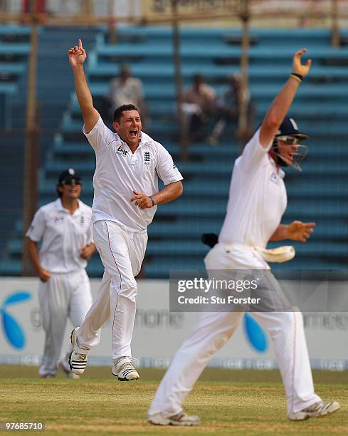 England bowler Tim Bresnan appeals for a wicket during day three of the 1st Test match between Bangladesh and England at Jahur Ahmed Chowdhury...