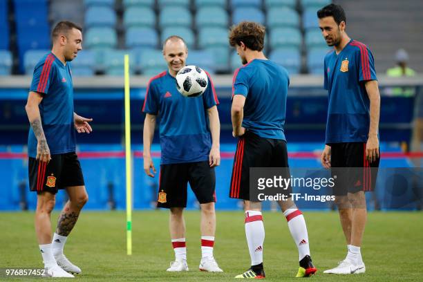 Andres Iniesta, Iago Aspas, Alvaro Odriozola and Sergio Busquets of Spain play during a training session at Fisht Stadium on June 14, 2018 in Sochi,...