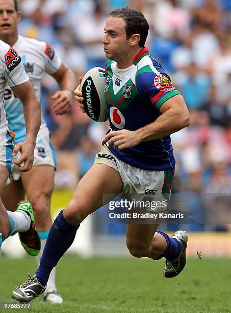Lance Hohaia of the Warriors runs with the ball during the round one NRL match between the Gold Coast Titans and the Warriors at Skilled Park on...