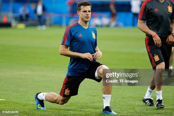 Cesar Azpilicueta of Spain warms up during a training session at Fisht Stadium on June 14, 2018 in Sochi, Russia.