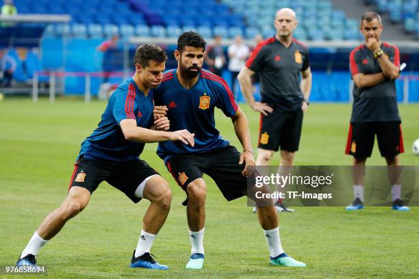 Cesar Azpilicueta of Spain and Diego Costa of Spain in action during a training session at Fisht Stadium on June 14, 2018 in Sochi, Russia.