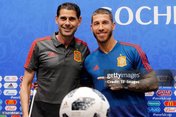 Head coach Fernando Hierro of Spain and Sergio Ramos captain of Spain pose for pictures the press conference prior to a training session at Fisht...