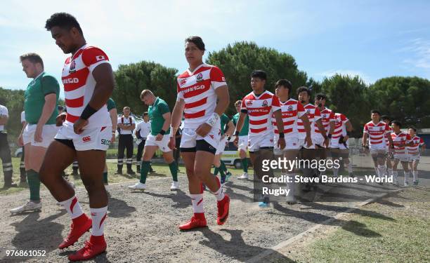 The Ireland and Japan players walk to the pitch prior to the World Rugby via Getty Images Under 20 Championship 11th Place play-off match between...
