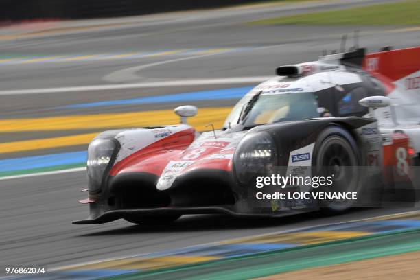 Toyota TS050 Hybrid LMP1 Spain's driver Fernando Alonso competes during the 86th edition of the 24h du Mans car endurance race in Le Mans, western...