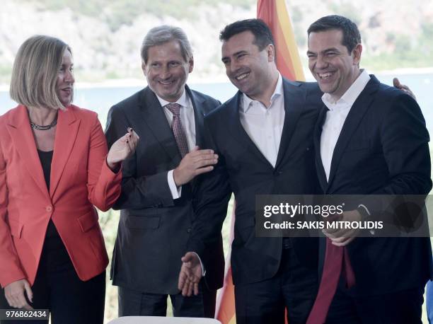 Diplomatic chief Federica Mogherini, EU enlargement commissioner Johannes Hahn, Macedonian Prime Minister Zoran Zaev and Greek Prime Minister Alexis...