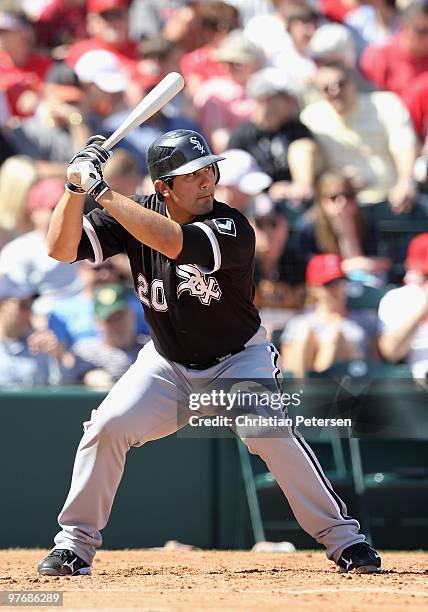 Carlos Quentin of the Chicago White Sox bats against the Los Angeles Angels of Anaheim during the MLB spring training game at Tempe Diablo Stadium on...