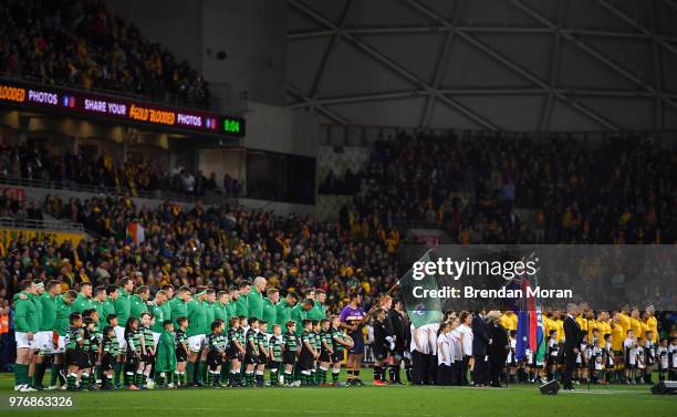 Melbourne , Australia - 16 June 2018; The Ireland and Australian teams stand for the national anthem prior to the 2018 Mitsubishi Estate Ireland...