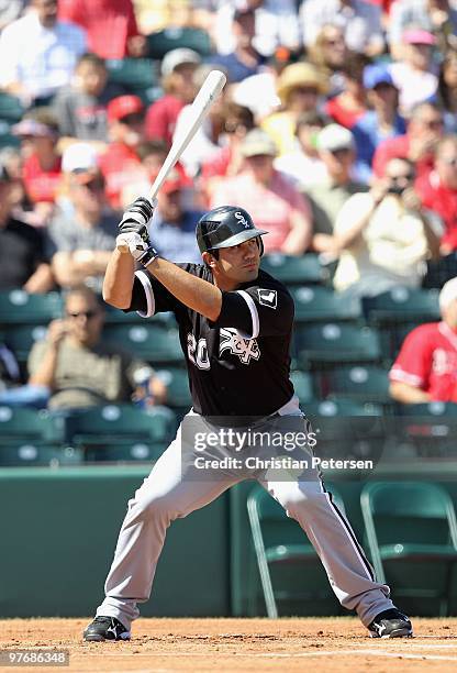 Carlos Quentin of the Chicago White Sox bats against the Los Angeles Angels of Anaheim during the MLB spring training game at Tempe Diablo Stadium on...