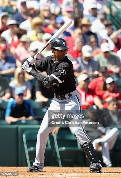 Alexei Ramirez of the Chicago White Sox bats against the Los Angeles Angels of Anaheim during the MLB spring training game at Tempe Diablo Stadium on...