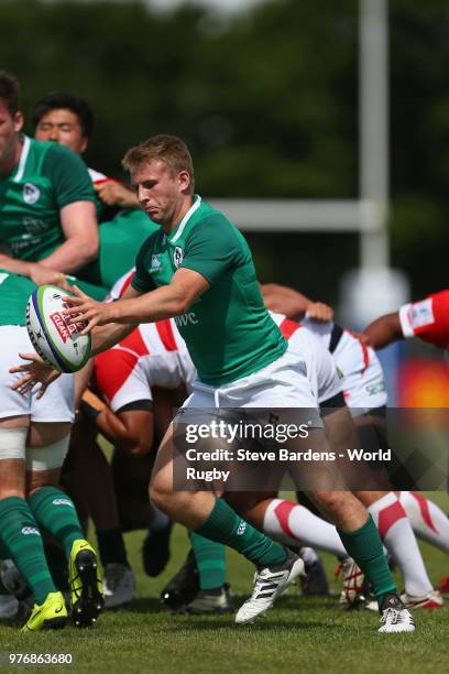 Jonny Stewart of Ireland kicks the ball during the World Rugby via Getty Images Under 20 Championship 11th Place play-off match between Ireland and...