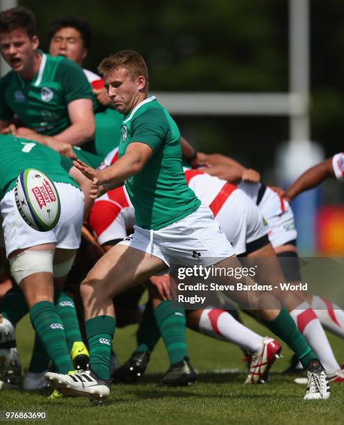 Jonny Stewart of Ireland kicks the ball during the World Rugby via Getty Images Under 20 Championship 11th Place play-off match between Ireland and...