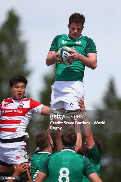 Jack Dunne of Ireland wins a line out during the World Rugby via Getty Images Under 20 Championship 11th Place play-off match between Ireland and...