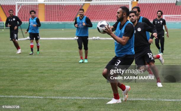 Egypt's defender Ahmed Elmohamady attends a training session during the Russia 2018 World Cup football tournament at the Akhmat Arena stadium in...