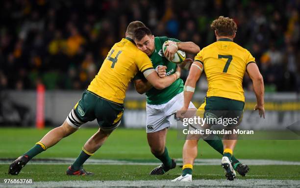 Melbourne , Australia - 16 June 2018; Niall Scannell of Ireland is tackled by Izack Rodda of Australia during the 2018 Mitsubishi Estate Ireland...