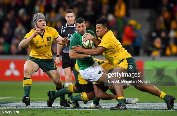 Melbourne , Australia - 16 June 2018; Rob Kearney of Ireland is tackled by Brandon Paenga-Amosa of Australia during the 2018 Mitsubishi Estate...