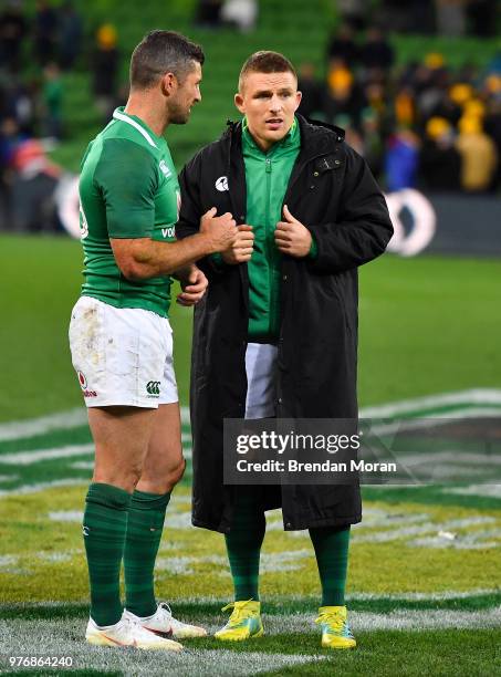 Melbourne , Australia - 16 June 2018; Rob Kearney, left, and Andrew Conway of Ireland after the 2018 Mitsubishi Estate Ireland Series 2nd Test match...