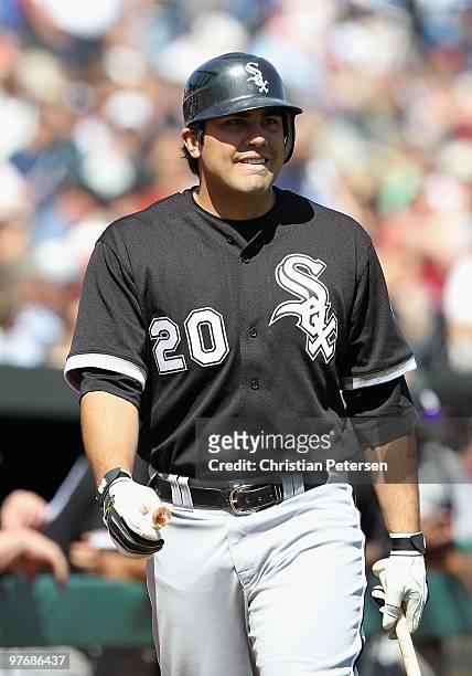 Carlos Quentin of the Chicago White Sox bats against the Los Angeles Angels of Anaheim during the MLB spring training game at Tempe Diablo Stadium on...