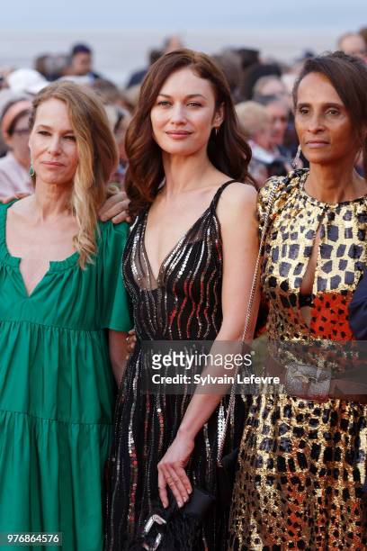 Pascale Arbillot, Olga Kurylenko and Karine Silla-Perez attends red carpet for the closing ceremony of Cabourg Film Festival on June 16, 2018 in...