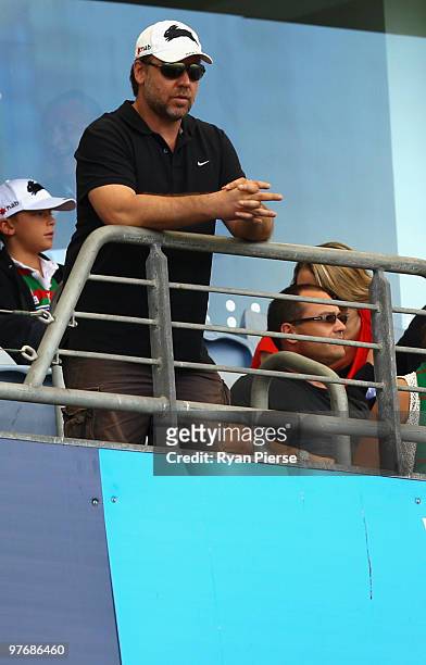 Russell Crowe looks on before the round one NRL match between the South Sydney Rabbitohs and the Sydney Roosters at ANZ Stadium on March 14, 2010 in...