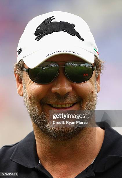 Russell Crowe looks on before the round one NRL match between the South Sydney Rabbitohs and the Sydney Roosters at ANZ Stadium on March 14, 2010 in...