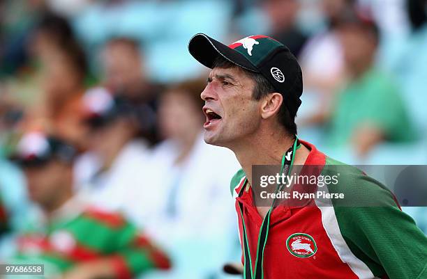 Rabbitohs shouts at his players during the round one NRL match between the South Sydney Rabbitohs and the Sydney Roosters at ANZ Stadium on March 14,...