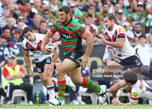 David Taylor of the Rabbitohs makes a line break during the round one NRL match between the South Sydney Rabbitohs and the Sydney Roosters at ANZ...
