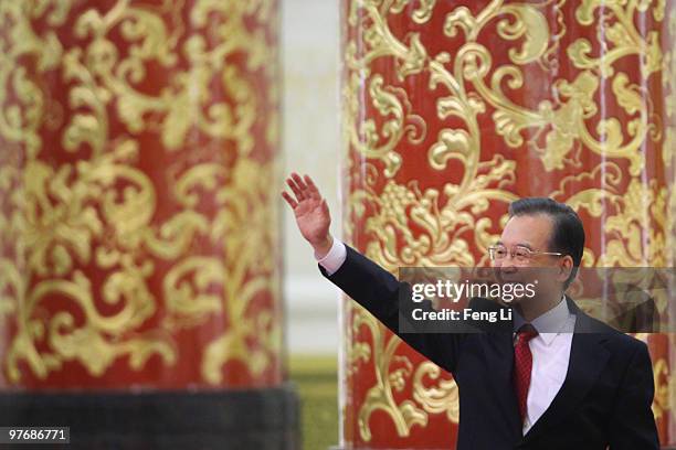 Chinese Premier Wen Jiabao arrives for his annual press conference after the closing of the National People's Congress held at the Great Hall of the...