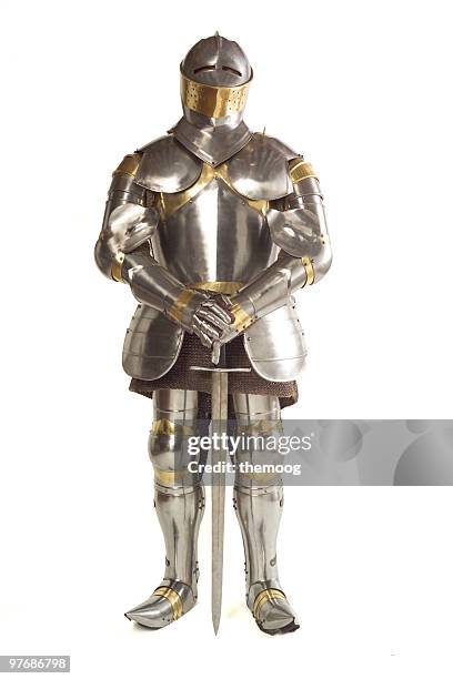 suit of armor on white background - armoured stockfoto's en -beelden