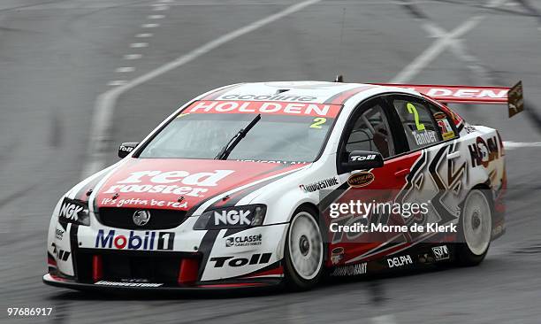 Garth Tander of the Toll Holden Racing Team drives during race two of the Clipsal 500, which is round three of the V8 Supercar Championship Series,...