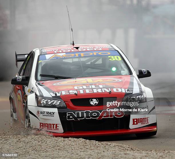 Daniel Gaunt of the Gulf Western Racing team hits the gravel during race two of the Clipsal 500, which is round three of the V8 Supercar Championship...