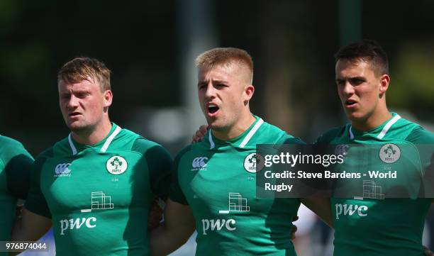 The Ireland players sing their national anthem prior to the World Rugby via Getty Images Under 20 Championship 11th Place play-off match between...