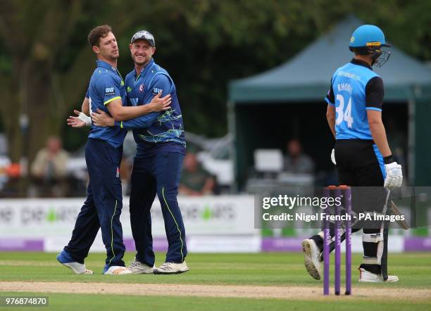 Kent's Matt Henry celebrates after taking the wicket of Worcestershire's George Rhodes during the Royal London One Day Cup semi final at Blackfinch...