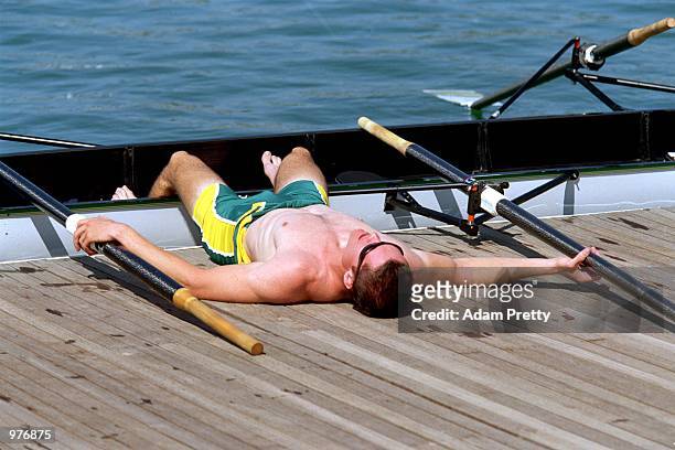 General view of one of the Australian Men's Eight competitors exhausted after their second place in the Men's Eight Final held at the Sydney...