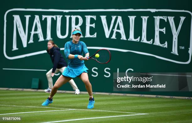 Eugenie Bouchard of Canada in action during Day Two of the Nature Valley Classic at Edgbaston Priory Club on June 17, 2018 in Birmingham, United...