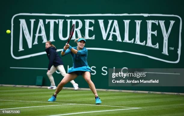 Eugenie Bouchard of Canada in action during Day Two of the Nature Valley Classic at Edgbaston Priory Club on June 17, 2018 in Birmingham, United...