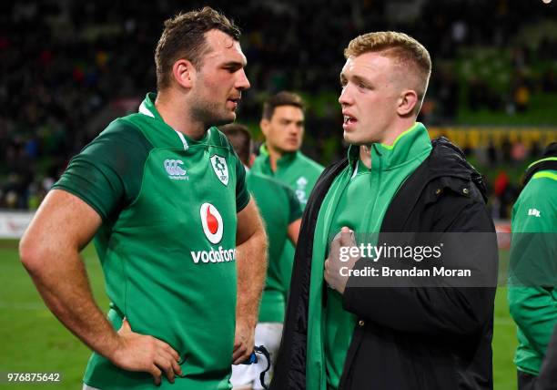 Melbourne , Australia - 16 June 2018; Tadhg Beirne, left, and Dan Leavy of Ireland after the 2018 Mitsubishi Estate Ireland Series 2nd Test match...
