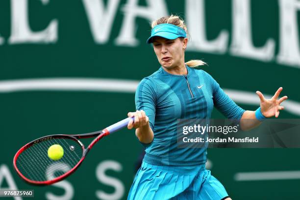 Eugenie Bouchard of Canada in action during Day Two of the Nature Valley Classic at Edgbaston Priory Club on June 17, 2018 in Birmingham, United...