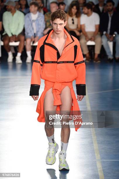 Model walks the runway at the MSGM show during Milan Men's Fashion Week Spring/Summer 2019 on June 17, 2018 in Milan, Italy.