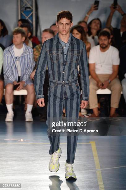 Model walks the runway at the MSGM show during Milan Men's Fashion Week Spring/Summer 2019 on June 17, 2018 in Milan, Italy.