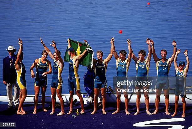 The Australian Men's Eight celebrate their silver medal during the Men's Eight Final held at the Sydney International Regatta Centre during the...